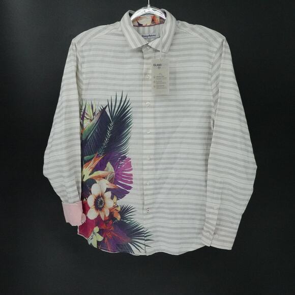 Tommy Bahama Shirt Mens Medium White Gray Stripe IslandZone Linen Blend Vacation - Picture 1 of 16
